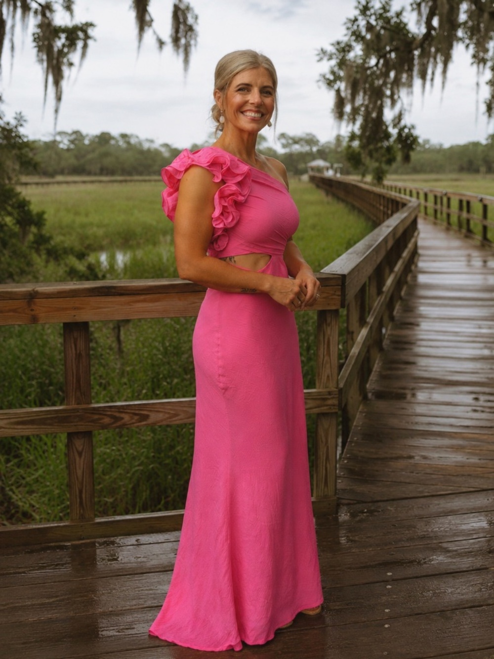 Saints & Secrets Pink One-Shoulder Ruffle Maxi Dress – Size M